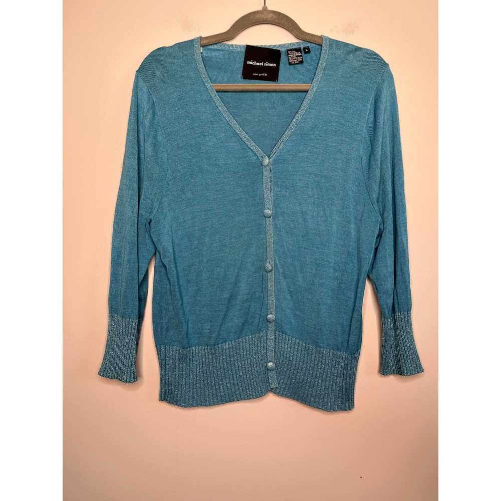 2000s Y2K Michael Simon Sky Blue Silk Metallic Glam Sparkle Coquette Cardigan L